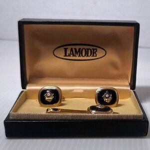 Vintage LaMode Black Onyx Crest Cufflinks Tie Clip Set Gold Tone With Case